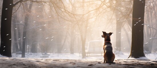 Poster - Dog rests peacefully amidst snowy forest setting