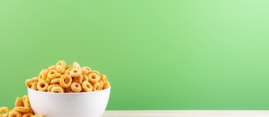 Poster - A bowl of cereal is placed on a table against a green background, accompanied by healthy cereal loops and organic apple juice