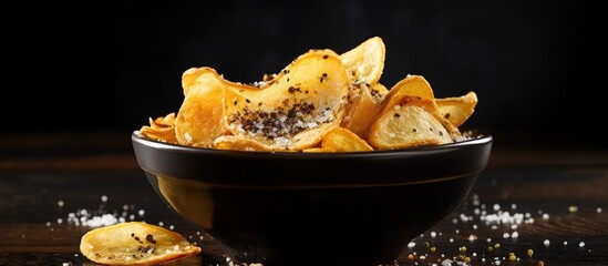 A ceramic bowl filled with crunchy potato chips seasoned with salt, placed on a dark and textured metal surface