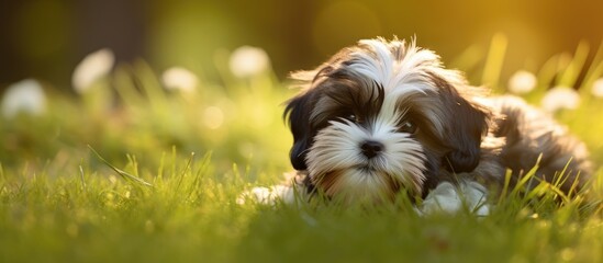 Poster - Little canine resting peacefully on green lawn, enjoying a tranquil moment outdoors