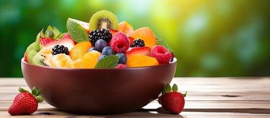 Sticker - Variety of mixed summer fruits arranged in a bowl on a rustic wooden table, perfect for a healthy dietary fruit salad