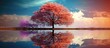 The image shows a tree with vibrant pink leaves reflecting beautifully in the calm waters below.