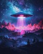 Retrofuturistic UFO abduction scene, sparkly galaxy night, neon lights, 80s scifi charm ,3d illustration.