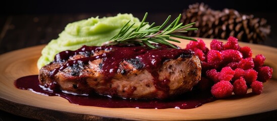 Canvas Print - Close-up shot of a plate of delicious food featuring succulent meat and vibrant raspberries