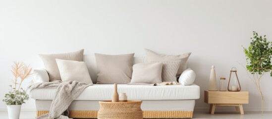 Wall Mural - White sofa adorned with pillows and a blanket in a cozy living space.