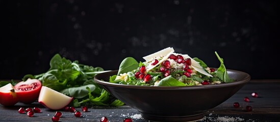 Wall Mural - Fresh salad in a bowl containing a mixture of nutritious ingredients such as spinach, apples, and pomegranates, creating a colorful and healthy dish