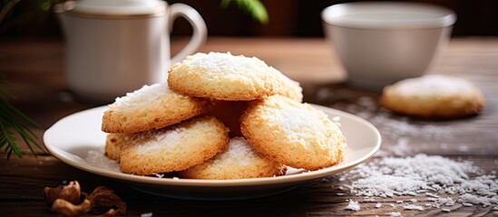 Sticker - Plate of cookies accompanied by a cup of coffee placed on a table in a cozy setting