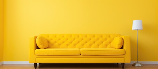 Sticker - Yellow couch is featured in a brightly lit room alongside a lamp, creating a warm and inviting atmosphere.