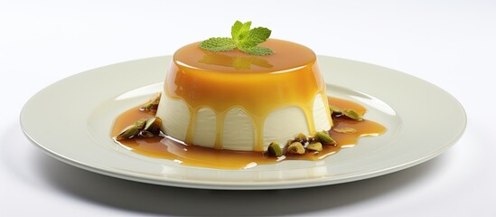 Canvas Print - Plate featuring a delectable dessert with creamy caramel sauce, topped with pistachios on a white background