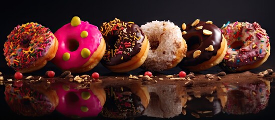 Wall Mural - Delicious donuts topped with chocolate and colorful sprinkles displayed on a sleek black background