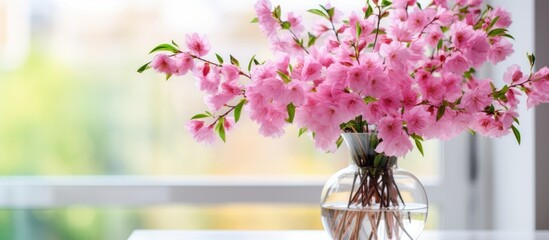 Canvas Print - Vase holds lovely pink flowers on table positioned next to a bright window