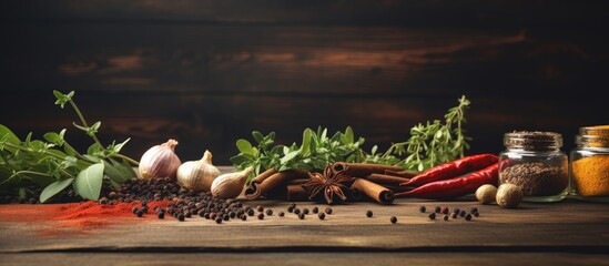 Poster - Assorted collection of flavorful spices and aromatic herbs displayed on a natural wooden surface