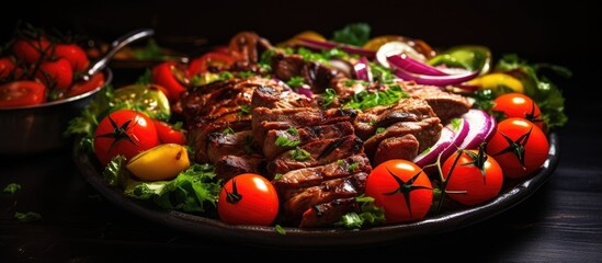 Poster - A detailed close-up of a dish comprising fresh tomatoes and savory meat on a plate