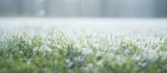 Wall Mural - Snow blankets a vast field of green grass in a serene close-up shot, creating a beautiful winter landscape