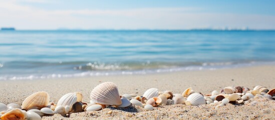 Sticker - Sandy beach strewn with various shells, boat visible in the distant background