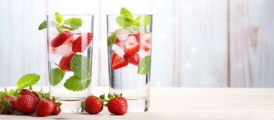 Poster - Glasses filled with water garnished with fresh strawberries and mint leaves