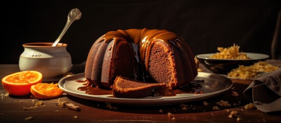 Sticker - Chocolate bundt cake shown with a portion absent, revealing its rich interior texture. Indulgent dessert concept.