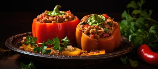 Canvas Print - Plate featuring two peppers stuffed with meat and vegetables, garnished with a sprig of parsley