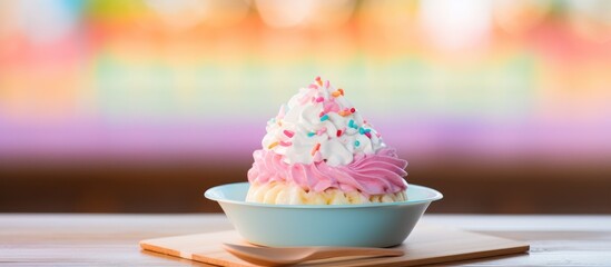 Canvas Print - Delicious cupcake with sweet pink icing and colorful sprinkles placed in a bowl