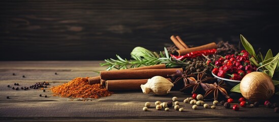 Wall Mural - Assorted spices and herbs displayed in a close-up view on a rustic wooden table, creating a flavorful and aromatic scene