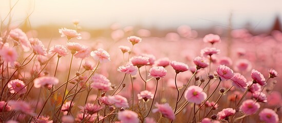 Poster - Blooming pink flowers scattered across a vast field under a clear blue sky in a picturesque scenery