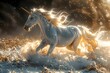 portrait oil painting features  a majestic  white unicorn horse galloping with cloud luxury vintage moody farmhouse wall art, digital art print, wallpaper, background