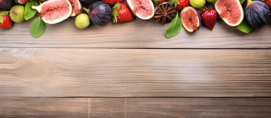 Canvas Print - Various fresh fruits like apples, oranges, and bananas arranged on a textured wooden table surface