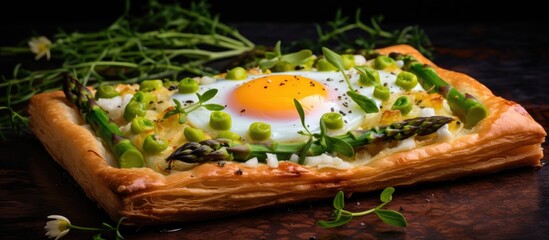 Wall Mural - Savory pastry featuring fresh asparagus and a perfectly cooked egg in a mouth-watering close-up shot