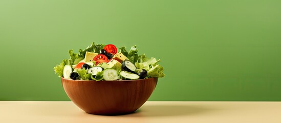 Wall Mural - Fresh and colorful salad in a bowl containing crispy lettuce, ripe tomatoes, and savory cheese