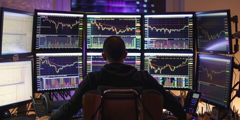 Fototapete - A man is sitting in front of a computer monitor with multiple screens displaying financial data. The man is focused on the screens. Concept of concentration and importance