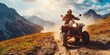 A man is driving an ATV on a dirt road in the mountains. The scene is peaceful and serene, with the man enjoying the ride and the beautiful surroundings