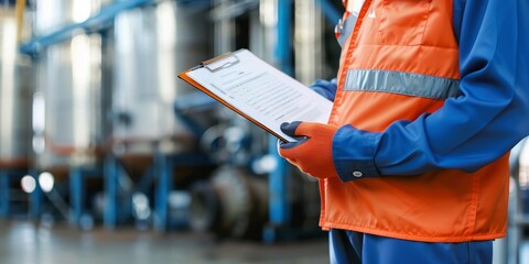 A worker in an orange vest is holding a clipboard and looking at it. Concept of responsibility and focus on the task at hand