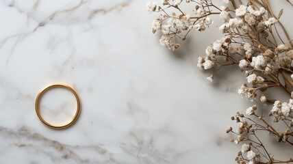 Gold ring laying beside dried white flowers on marble surface