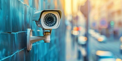 Wall Mural - A camera is mounted on a wall. The camera is facing the street. The street is busy with cars and traffic lights