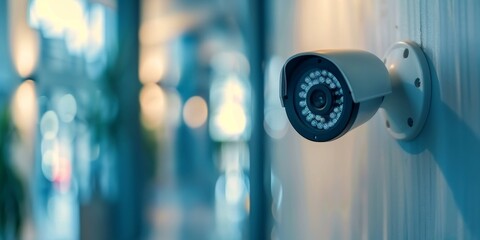 Wall Mural - A camera is mounted on a wall. The camera is white and has a black lens. The camera is in a room with a blue background