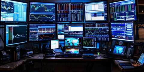 Fototapete - A computer monitor display with many screens showing stock market information. Scene is busy and intense, as the screens are filled with various financial data