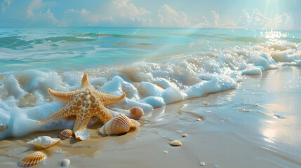 Wall Mural - Starfish and seashells lie in the foreground on the bright, fine sand.