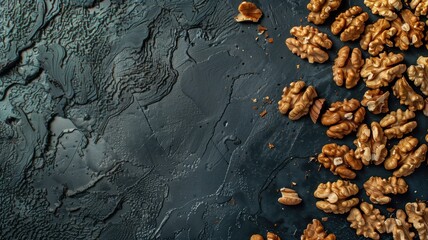 Wall Mural - Scattering of walnut halves spread on dark textured surface