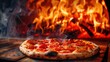 A freshly baked pizza with tomato and cheese is in the foreground with a blazing wood-fired oven behind it