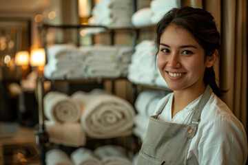 a housekeeping woman with cart commonly seen in hotels, stocked with towels and cleaning supplies. ai generative