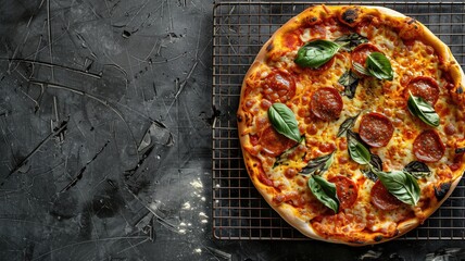 Canvas Print - Fresh pepperoni pizza with basil leaves on wire rack, placed dark textured surface