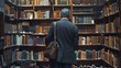 A middleaged man stands at a bookshelf back to the camera as browses the titles on the shelves. A briefcase rests at feet . .