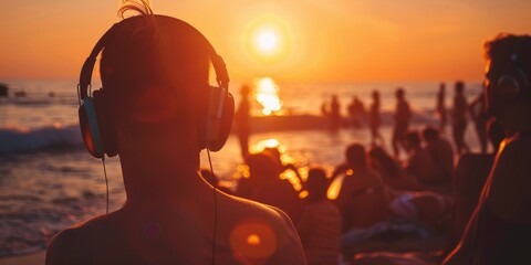 Wall Mural - A man with headphones on his head is looking out at the ocean. The sun is setting in the background, creating a warm and peaceful atmosphere. There are several other people in the scene