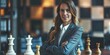 A woman is posing for a picture in front of a chess board. She is wearing a suit and has her arms crossed. Concept of professionalism and confidence