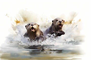 Wall Mural - Playful otters frolicking in pristine river waters, isolated on white solid background