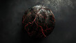 Darkened globe with pulsing, sickly veins representing the spread of diseases exacerbated by environmental degradation,