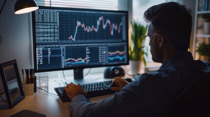 Wall Mural - A real estate investor analyzing market trends and data on a computer screen, demonstrating the importance of research and analysis. 