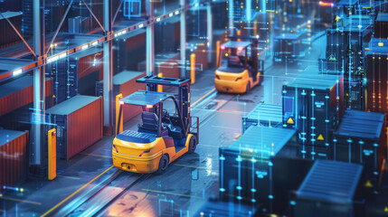 Wall Mural - Illustration of AI forklifts equipped with AR technology for enhanced navigation and item identification,
