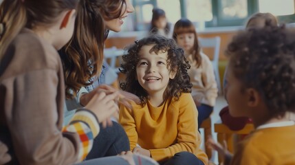 Aufkleber - Generative AI : Happy kids and teacher at school. Woman and children are talking in the class.