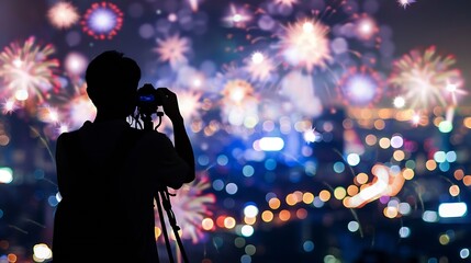 Poster - Generative AI : The silhouette of reporter photograph the Fantastic festive new years colorful fireworks 